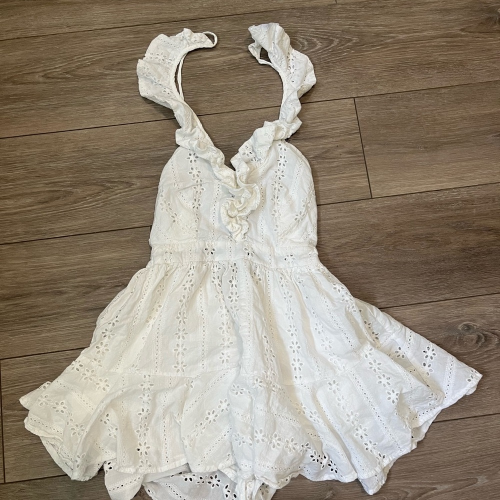 Lulus Lace Up My Heart White Eyelet Ruffle tie back romper